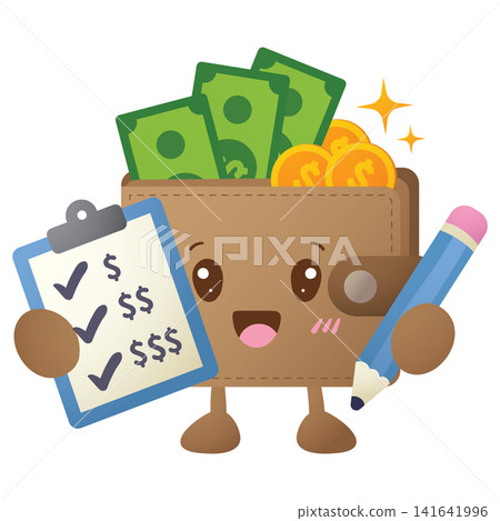 Cute wallet character holds clipboard and pencil Cute wallet character holds clipboard and pencil 141641996