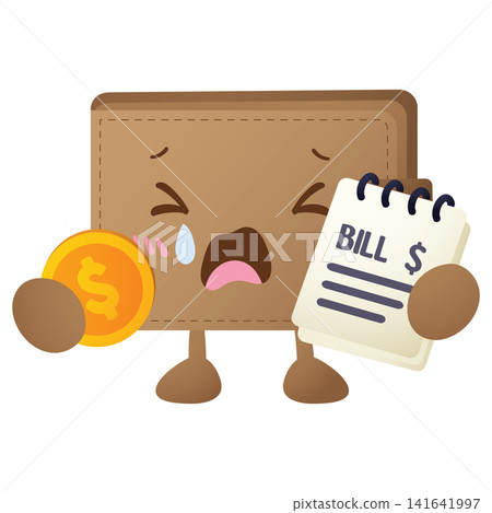 Brown wallet character looks stressed, holding a coin and a bill Brown wallet character looks stressed, holding a coin and a bill 141641997
