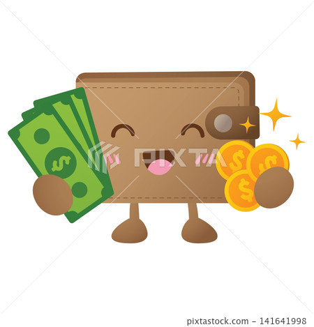 Kawaii wallet smiles joyfully with money and coins Kawaii wallet smiles joyfully with money and coins 141641998