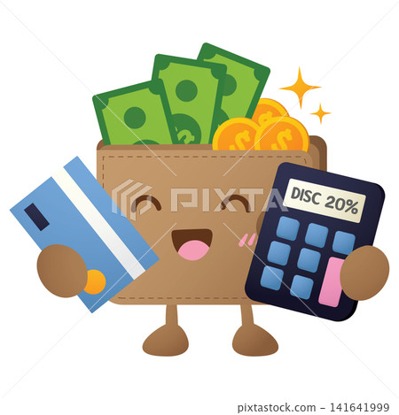 Cute wallet character smiles with money and a calculator Cute wallet character smiles with money and a calculator 141641999