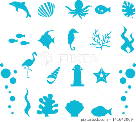 Summer, sea creatures, icons, silhouettes, decorations, embellishments, designs, cute illustration material set Summer, sea creatures, icons, silhouettes, decorations, embellishments, designs, cute illustration material set 141642069
