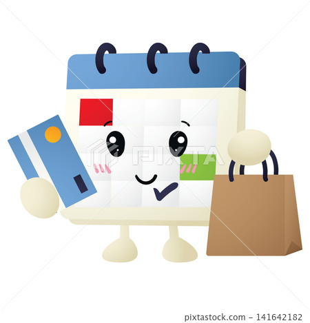 Cute calendar character holds card and shopping bag 141642182