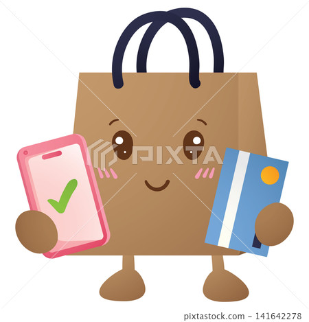 Brown paper bag with happy face and legs holds phone and card Brown paper bag with happy face and legs holds phone and card 141642278