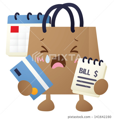 Crying shopping bag holds credit card and bill 141642280