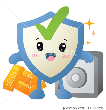 Shield character smiles with green checkmark, symbolizing security Shield character smiles with green checkmark, symbolizing security 141642291