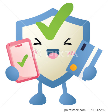 Happy shield character holds phone and credit card 141642292