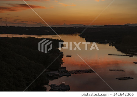 夕陽西下，阿戈灣和珍珠養殖筏靜靜佇立（伊勢志摩） 141642306