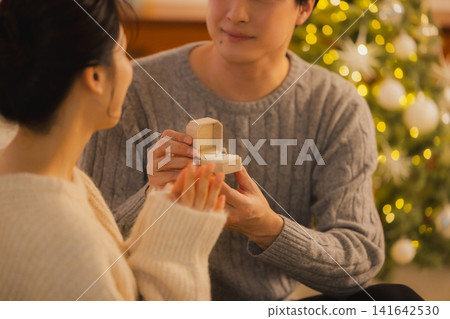 一對年輕夫婦正在交換聖誕禮物。 一對年輕夫婦正在交換聖誕禮物。 141642530