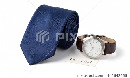 Blue necktie and classic wristwatch with note card on white background wristwatch menswear accessories timepiece business clothing textured gentleman background isolated wardrobe accessory 141642966