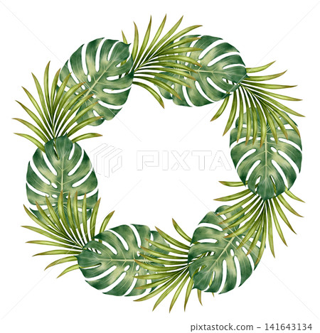 Tropical Leaf Wreath Watercolor Illustration Tropical Leaf Wreath Watercolor Illustration 141643134