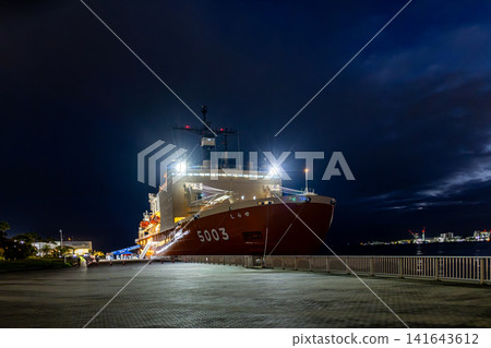 The Antarctic research vessel Shirase, anchored in Kobe Port at night. The Antarctic research vessel Shirase, anchored in Kobe Port at night. 141643612