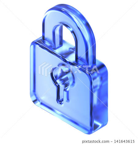 Glassmorphism secure padlock icon in isometric view featuring transparent blue glossy finish. Translucent data protection design element suited for privacy safety Glassmorphism secure padlock icon in isometric view featuring transparent blue glossy finish. Translucent data protection design element suited for privacy safety 141643615
