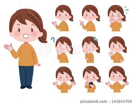 Female character facial expressions and poses set: Cute character illustration material Female character facial expressions and poses set: Cute character illustration material 141643708