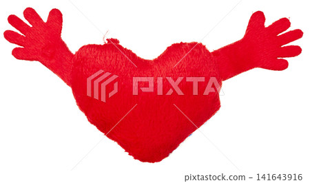 Red heart-shaped plush cushion, fluffy hands, white background Red heart-shaped plush cushion, fluffy hands, white background 141643916