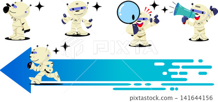 Cute AI robot character pose set with arrow frame illustration, suitable for business and announcements. 141644156