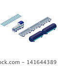 Isometric illustration of a freight train parts set. Includes freight cars, containers, and track. 141644389
