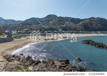 日本海、漁村、沙灘和山間櫻花 日本海、漁村、沙灘和山間櫻花 141644869