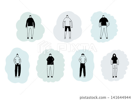 A stylish illustration set combining hand-drawn figures and shapes (green, gray, blue). A stylish illustration set combining hand-drawn figures and shapes (green, gray, blue). 141644944
