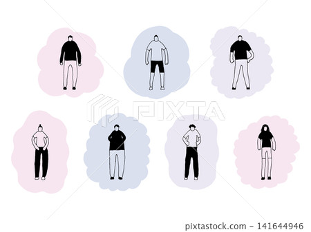 A stylish illustration set combining hand-drawn figures and shapes (pink, blue, purple). A stylish illustration set combining hand-drawn figures and shapes (pink, blue, purple). 141644946