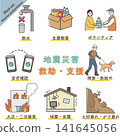 Earthquake, disaster prevention, disaster relief. A set of illustration icons depicting disaster areas, rescue operations, and volunteers. Vector illustrations. 141645056