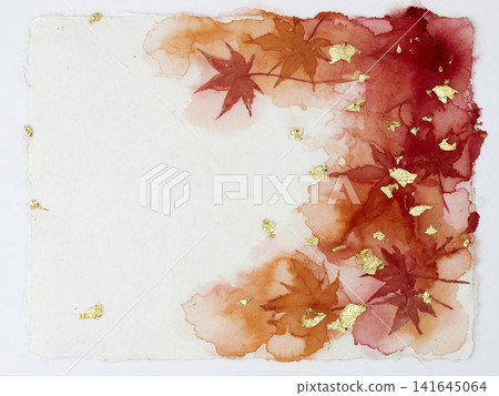 On the right is a white washi paper background with crimson and orange watercolors resembling autumn leaves and scattered gold leaf. On the right is a white washi paper background with crimson and orange watercolors resembling autumn leaves and scattered gold leaf. 141645064