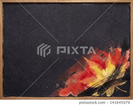 In the lower right corner of the black Japanese paper, a background of autumn unfolds, featuring vermilion and golden watercolors and ink. In the lower right corner of the black Japanese paper, a background of autumn unfolds, featuring vermilion and golden watercolors and ink. 141645079