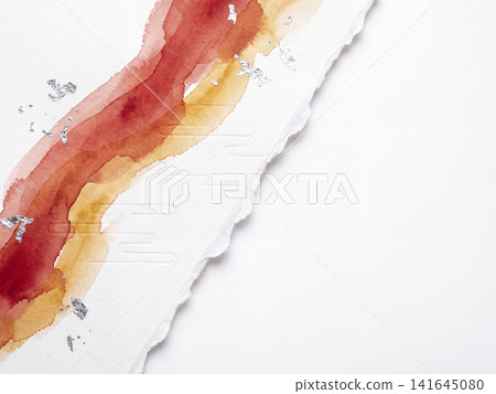 A background of mist created by diagonally flowing vermilion and amber watercolors and torn Japanese paper. A background of mist created by diagonally flowing vermilion and amber watercolors and torn Japanese paper. 141645080