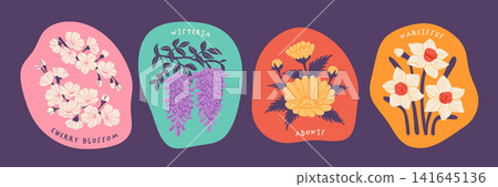 花卉貼紙套裝:櫻花、紫藤、阿多尼斯、水仙花 花卉貼紙套裝:櫻花、紫藤、阿多尼斯、水仙花 141645136