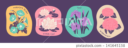 Flower Sticker Set: Morning Glory, Water Lily, Iris, Hydrangea Flower Sticker Set: Morning Glory, Water Lily, Iris, Hydrangea 141645138