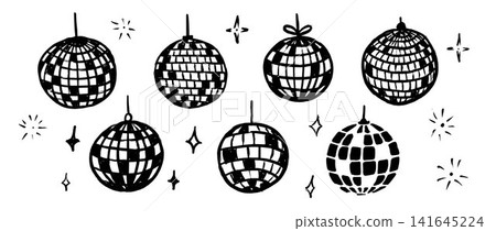 Shiny disco ball doodle collection. Mirror ball sketch set. Linear discoball spheres or globes element bundle for party decoration, club poster, dance banner, music cover. Vector illustration pack Shiny disco ball doodle collection. Mirror ball sketch set. Linear discoball spheres or globes element bundle for party decoration, club poster, dance banner, music cover. Vector illustration pack 141645224