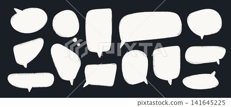 Crayon speech bubble doodles on chalkboard. White hand drawn dialog boxes on blackboard. Rough sketched comic talk frames. Scribbled balloon text box bundle. Vector pastel chalk pencil chat cloud pack 141645225