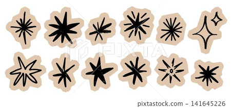 Craft scrapbook star shape collection. Hand drawn collage spark element set. Crayon doodle sparkle cut out paper sticker pack. Sketched stars for badge, zine, poster, DIY banner. Vector illustrations Craft scrapbook star shape collection. Hand drawn collage spark element set. Crayon doodle sparkle cut out paper sticker pack. Sketched stars for badge, zine, poster, DIY banner. Vector illustrations 141645226
