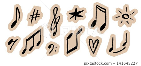 Crayon doodle musical notes and signs on cutout paper. Scrapbook hand drawn music sticker set. Collage style scribble symbols with sun, hashtag, star, heart. Vector pack for festival poster, zine Crayon doodle musical notes and signs on cutout paper. Scrapbook hand drawn music sticker set. Collage style scribble symbols with sun, hashtag, star, heart. Vector pack for festival poster, zine 141645227