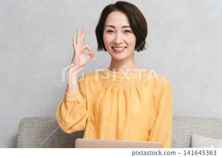 Woman sitting on the sofa and using a laptop Lifestyle image Woman sitting on the sofa and using a laptop Lifestyle image 141645363