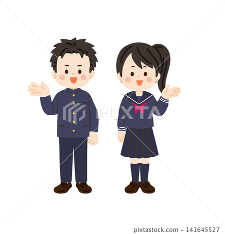 身穿校服和水手服的學生們伸出一隻手在一旁引導。 身穿校服和水手服的學生們伸出一隻手在一旁引導。 141645527