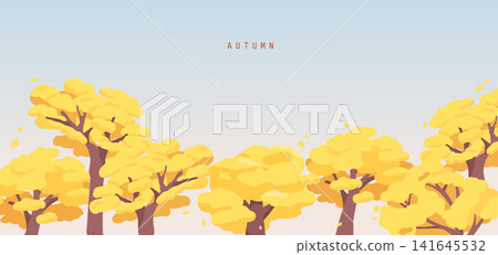 Yellow Ginkgo Tree Row Autumn Landscape Minimal Organic Flat Illustration Seasonal Nature Scenery Yellow Ginkgo Tree Row Autumn Landscape Minimal Organic Flat Illustration Seasonal Nature Scenery 141645532