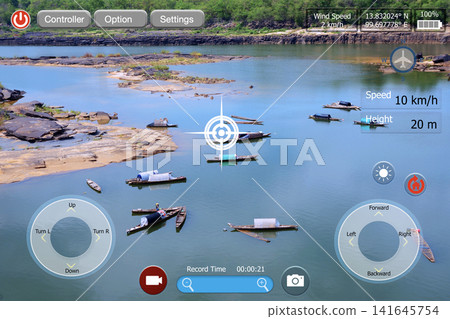 A view of Asia rural river through the drone controller's interface. A view of Asia rural river through the drone controller's interface. 141645754