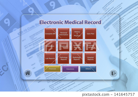 Transparent screen of digital tablet display electronic medical record application. 141645757