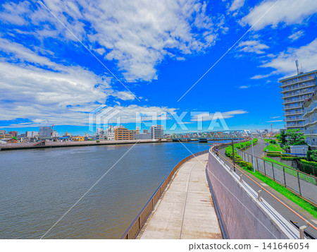 The Nakagawa River under a clear blue sky, and a view of the residential area from the Nakagawa Promenade. The Nakagawa River under a clear blue sky, and a view of the residential area from the Nakagawa Promenade. 141646054