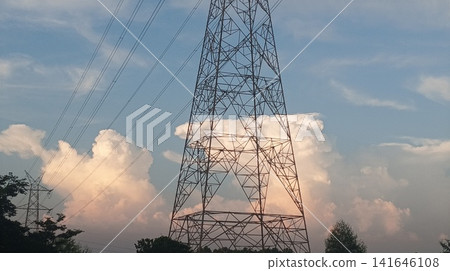 high voltage tower at sunset high voltage tower at sunset 141646108