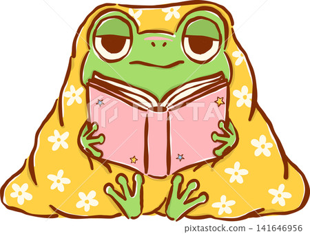 Frog Reading Book under Cozy Blanket, Chaos Bookish Animal Cartoon Hand Drawn 141646956