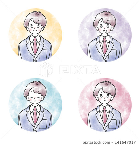 水彩風格人物插畫圖示集:穿著制服的男孩,表情各異。 水彩風格人物插畫圖示集:穿著制服的男孩,表情各異。 141647017