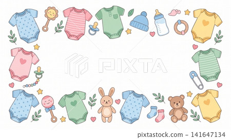 Cute baby shower elements border frame design with pastel clothing toys with illustrations arranged rectangular collection colorful baby Cute baby shower elements border frame design with pastel clothing toys with illustrations arranged rectangular collection colorful baby 141647134
