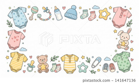Pastel baby items border illustration featuring clothes toys and accessories on a white background with displays rectangular border Pastel baby items border illustration featuring clothes toys and accessories on a white background with displays rectangular border 141647136