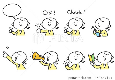 Cute hand-drawn business woman set: OK, checkmark, megaphone, beginner driver's mark Cute hand-drawn business woman set: OK, checkmark, megaphone, beginner driver's mark 141647144