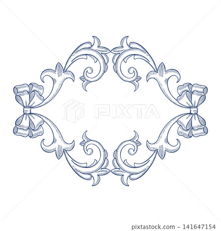 A frame with decorative blue baroque scrolls and bows. A vector, hand-drawn graphic illustration. A versatile element for designing covers, invitations, postcards, certificates, web pages, and more. A frame with decorative blue baroque scrolls and bows. A vector, hand-drawn graphic illustration. A versatile element for designing covers, invitations, postcards, certificates, web pages, and more. 141647154