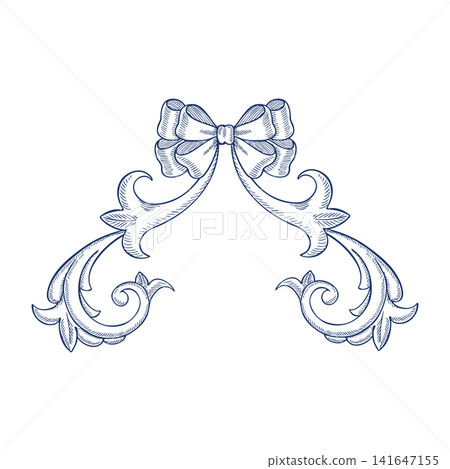 Decorative blue ornament in Baroque style. Vector, graphic illustration. A versatile element for borders, patterns, and textile prints. Design of covers, invitations, postcards, web pages and more. 141647155
