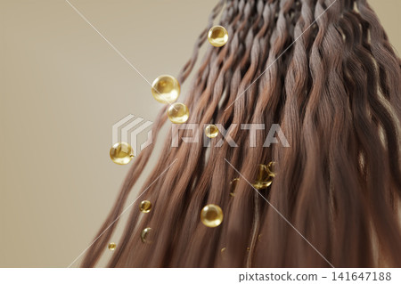Curly brown hair strands with golden oil bubbles on beige background. Wavy hair care nutrition, spa treatment, vitamin serum drops. Beauty salon, cosmetic product or shampoo ad banner. 3D illustration Curly brown hair strands with golden oil bubbles on beige background. Wavy hair care nutrition, spa treatment, vitamin serum drops. Beauty salon, cosmetic product or shampoo ad banner. 3D illustration 141647188