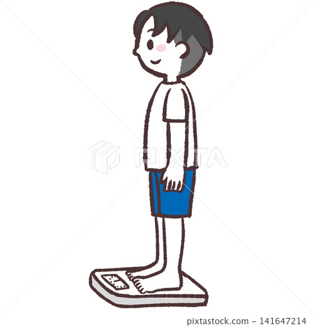 Illustration of a boy standing on a weighing scale Illustration of a boy standing on a weighing scale 141647214