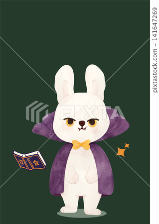 Halloween Party Invitation Cute Vampire Bunny with Magic Spellbook and Copy Space 141647269